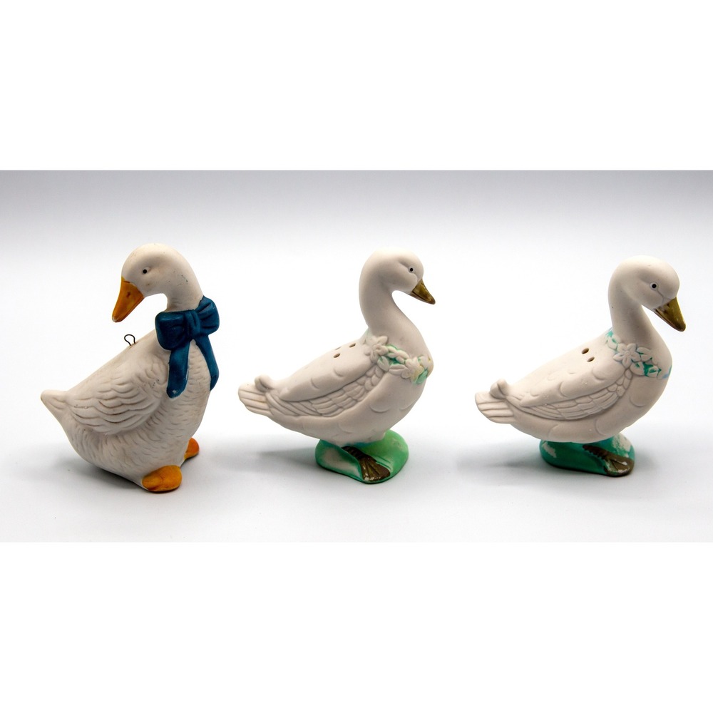 Vintage Bisque Porcelain Goose Ornament Blue Bow & Goose Salt Pepper Shaker - Picture 3 of 5
